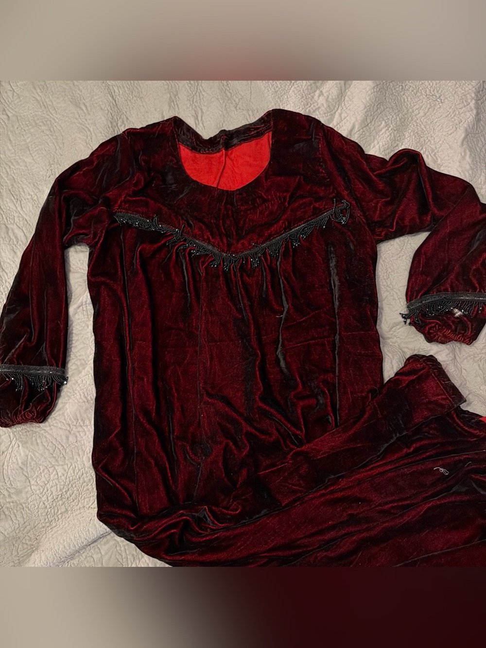 Women’s Velvet blood red gown type thing- with black gothy beading
